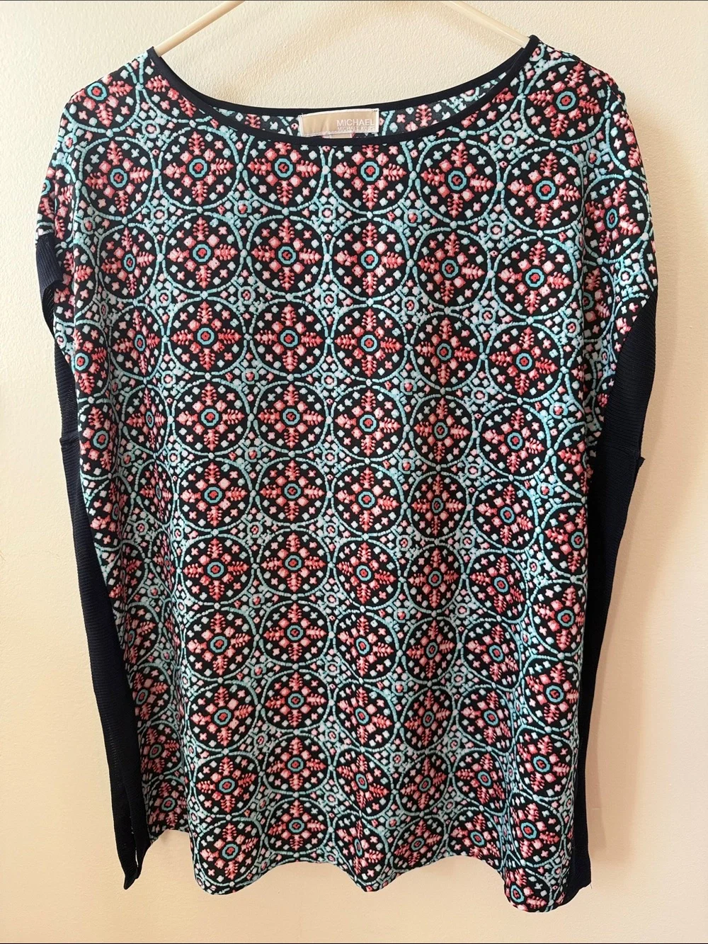 Michael Kors Black Short Sleeve Top with Pink & Aqua Medallion Print